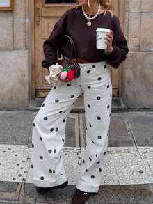 Women's Black Polka Dot White Pants Autumn Vacation - White - View 4