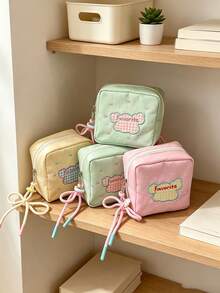 1pc/3pcs Embroidered Mini Square Pouch With Wrist Rope, Zipper Fabric Makeup Bag, Sweet Plaid Pattern, Lightweight Portable Storage Purse, Compact Handheld Pouch For Lipstick, Sanitary Pads, Daily Travel Use - Multicolor - View 5