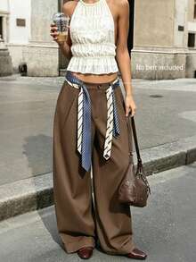 Women's Casual Wide Leg Brown Button Pleated Loose Long Pants, Summer & Autumn, Commute, Shopping, Daily Wear, Office Outfit - Brown - View 2