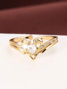Light Luxury Romantic Heart-Shaped Cubic Zirconia Inlaid Open Ring, Elegant Fashion High-End Elegant Versatile Finger Ring For Wedding, Banquet, Daily Wear And Gift - Open Ring - View 3