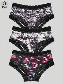 Dircho 3pcs Women Sexy Gothic Chic Contrast Lace Mid-Rise Bikinis - Contrast Lace, Allover Halloween Skull Print Comfortable Hipster Panties For Women - Multicolor - View 2