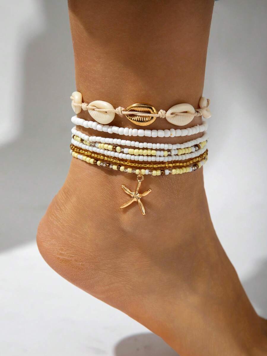 imoli 7pcs/Set Bohemian Resin Faux Shell & Starfish Multi-Layer Anklets, Summer Beach Beaded Stackable Anklets, Vacation Ocean Style Women's Foot Jewelry