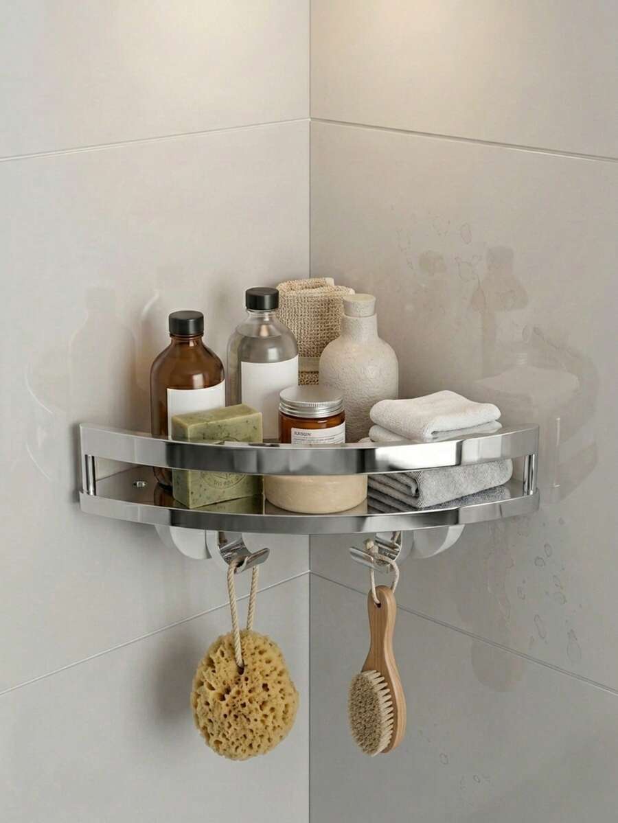 KOEMO 1pc Triangle Corner Shelf, Bathroom Storage Rack No-Drill Wall-Mounted Corner Shower Caddy, Shampoo And Essentials Organizer, Large Capacity, No-Drill Installation, Floating Shelf For Bathroom And Kitchen, Space-Saving, Easy To Install, For Storing Toiletries, Cosmetics And Miscellaneous Items