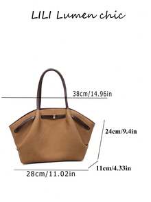 Minimalist Elegant Tote Bag, Soft Pleated Body With Extended Handle Strap, Contrast Trim Accents, Metal Square Buckle Detail On Front, Open Top Design For Easy Access, Spacious Interior Storage, Clean And Generous Silhouette, Suitable For Daily Commute And Outings, Easily Matches Various Outfits - Brown - View 2