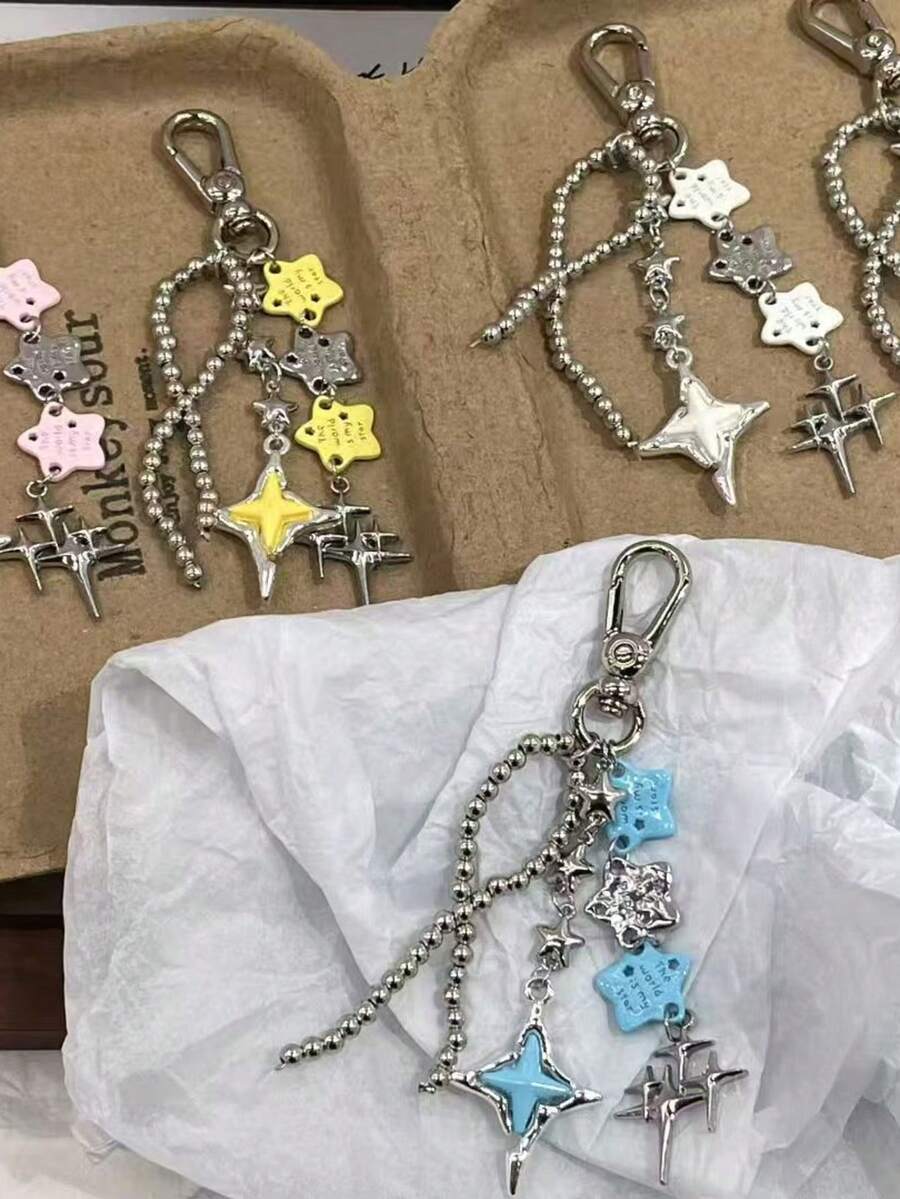 Y2K Star Chain Bag Charm, Colorful Star Pendant Beaded Keychain, Personalized Metal Chain Tassel Handbag Decorative Accessory - Multicolor - View 1