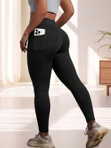 1 pc Legging Yoga Ukuran Besar, Celana Crop Kasual dengan Saku, Cocok untuk Musim Semi, Panas, Gugur dan Dingin - Hitam - View 2