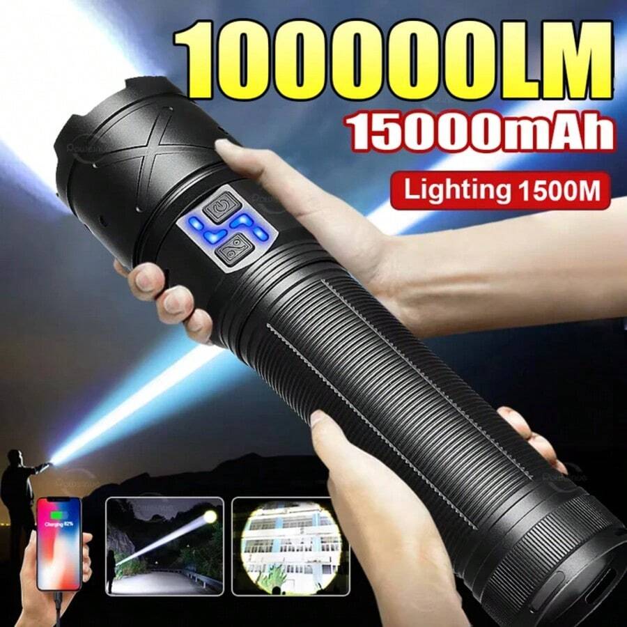 60W Ultra Bright LED Flashlight 1000M Long Range, 15000mAh Large Capacity Power Bank Type-C Rechargeable IPX6 Waterproof 6 Lighting Modes Zoomable Torch For Camping Hunting Outdoor Emergency Use