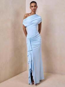 Sexy elegantes hellblaues asymmetrisches ärmelloses Abendkleid für Damen, Rüschendetail Meerjungfrau-Stil langes Strick-Cocktailpartykleid für Herbsthochzeit - Babyblau - Übersicht 4