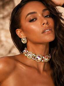Multicolor Rhinestone Choker & Earrings Set, Luxury Gold Tone Crystal Jewelry For Wedding Evening Party Summer Beach Prom Outfits - Multicolor - View 2