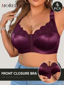Morelect 4pcs Women's Plus Size Wireless Bra, Front Closure, Support & Lift, Soft & Breathable, Everyday Bra - Multicolor - View 3
