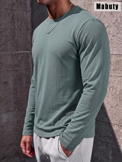 Men's Grey Long Sleeve Crew Neck T-Shirt, Soft Breathable Fabric, Regular Fit For Daily Wear, Casual Outings & Everyday Loungewear