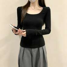 Black Fashion Minimalist All-Match Long Sleeve T-Shirt Women's Autumn Outfit Slim Fit Inner Layer Layering Elegant Versatile Halloween Outfit Top - Black - View 6