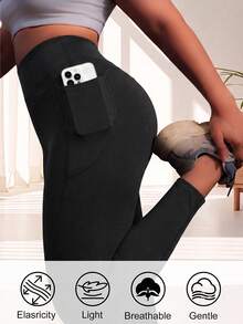 1 pc Legging Yoga Ukuran Besar, Celana Crop Kasual dengan Saku, Cocok untuk Musim Semi, Panas, Gugur dan Dingin - Hitam - View 5