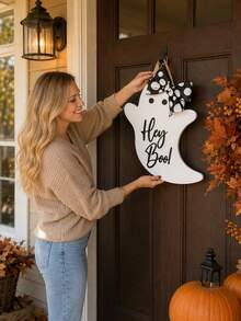 1pc Wooden Halloween Ghost Door Hanging Decor, Cute Bow Decoration, Suitable For Front Door Wall, Spooky Home Entryway Decoration, Indoor/Outdoor Farmhouse Country Style Halloween Decor, Suitable For Porch Living Room, Autumn Holiday Party Supplies - Multiple Styles - View 2