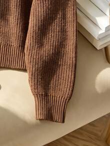 Brown Hooded Two-Way Zipper Ribbed Knit Drop Shoulder Long Sleeve Cardigan Women Cozy Casual Halloween Christmas New Year Fall Winter - Brown - View 10