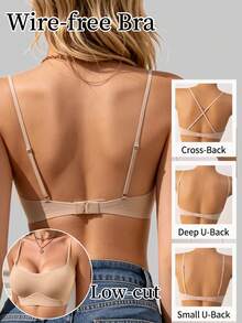 Women's Seamless Spaghetti Strap Bra, U-Shaped Low Back Invisible Shaping Cup Bandeau, Breathable Push-Up Half Cup Wire-Free Lingerie, Suitable For Daily Wear - Khaki - View 3
