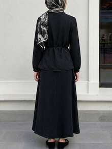 Women's Elegant Pleated Front Button Ruffle Blouse + Long Skirt 2 Pieces Set, Elastic Cuffs Casual Daily Outfit - Black - View 10