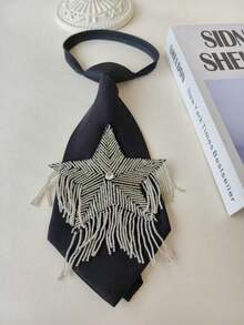 Handmade Beaded Pentagram Tassel Tie, Shiny Design Black Decorative Necktie - Five-pointed Star Tassel - View 3