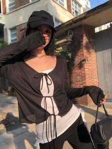 V-Neck Tie-Up Knit Cardigan For Women, Lightweight Loose Casual Short Jacket For Summer Black Fall - Black - View 5