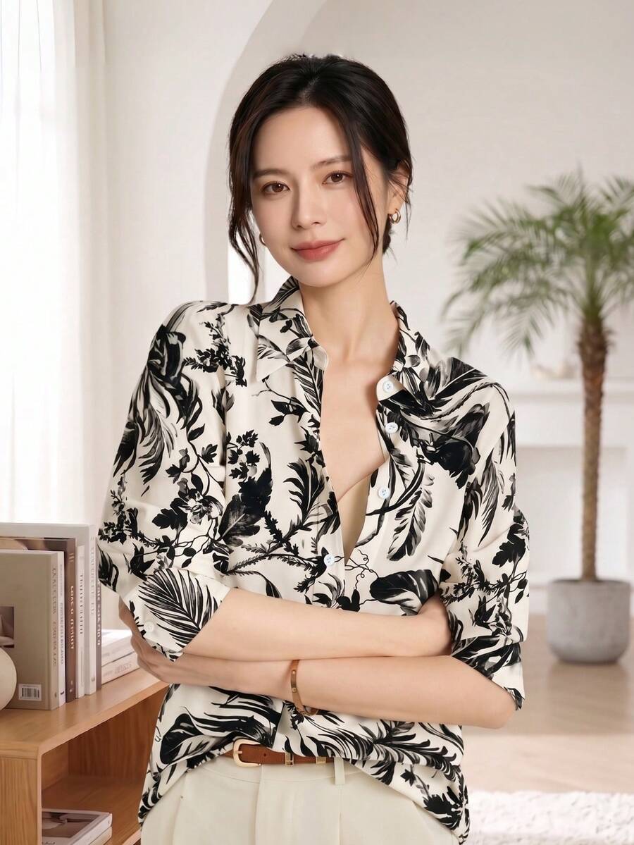 YUXIN 女款緞面水彩腮紅印花翻領襯衫，寬鬆長袖輕盈透氣上衣，度假風