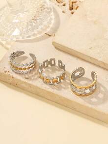 3pcs Stainless Steel Gold And Silver Ring Set, Multi-Layer Open Beaded Rings With Gold And Silver Contrast, Different Lengths, Suitable For Women's Daily Decoration Or Gift, Adjustable Ring Length - Gold and Silver - View 4