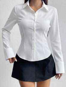 Kemeja Wanita Model Terbaru Musim Panas Lengan Panjang Slim Fit Kancing Depan dengan Kerah, Gaya Olahraga - Putih - View 7