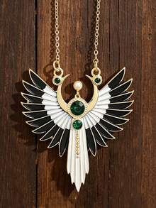 1pc Black & White Angel Wing Pendant Inlaid With Synthetic Green Gemstone & Faux Pearl Layered Feather Elegant Zinc Alloy Necklace - Gold - View 8