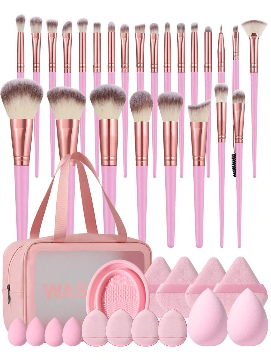 6/41Pcs Complete Makeup Tool Set,25Pcs Soft Makeup Brushes, Portable Cosmetic Bag, Brush Cleaning Bowl, Powder Puffs & Makeup Sponges, Multipurpose Travel‑Friendly Daily Facial Makeup Accessories - Pink - View 1