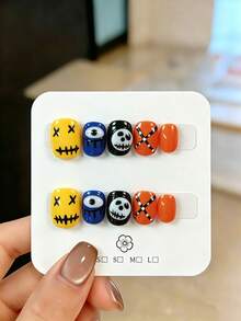 10pcs Handmade Press-On Nail Tips, Short Square Round Shape, Halloween Eve Cute Style, Yellow Base Ghost Face Hand-Painted, Blue Base Big Eyes, Black Base Skeleton Pattern, Orange Base White Dot Cross Strap Graffiti Mix Design, Playful And Eye-Catching, Suitable For Halloween Party, Holiday Outing, Atmosphere Check-In, Includes Full Set Of Nail Tools, Perfect Halloween Atmosphere Gift For Girls Who Love Personalized Outfits - Multicolor - View 9