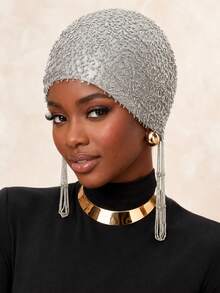 Turban Jala Transparan Berhiaskan Manik-Manik Mewah, Hijab Muslim Panjang dengan Rumbai Manik-Manik, Penutup Kepala Jala yang Bernapas, Penutup Kepala Elegan dan Sopan untuk Pesta Pernikahan - MultiWarna - View 11