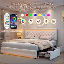 Gegoforu Marco de cama LED multifuncional con 4 cajones de almacenamiento y luces LED RGBW de control inteligente en la cabecera y el pie de cama, y terciopelo - Terciopelo blanco - Ver 2
