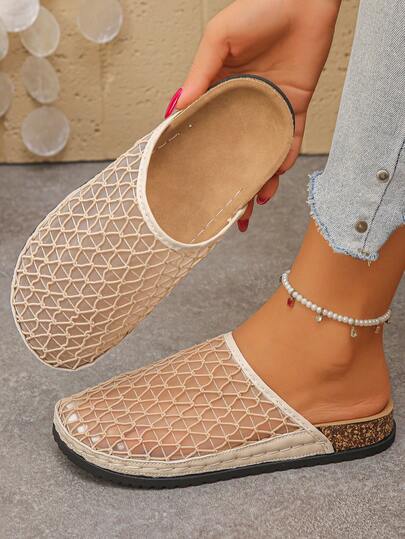 Women's Mesh Slip-On Comfortable Cork Sole Beige Mule Sandals Casual Style Summer Daily Wear Beige Sandals Plus Size Women's Closed Toe Slippers