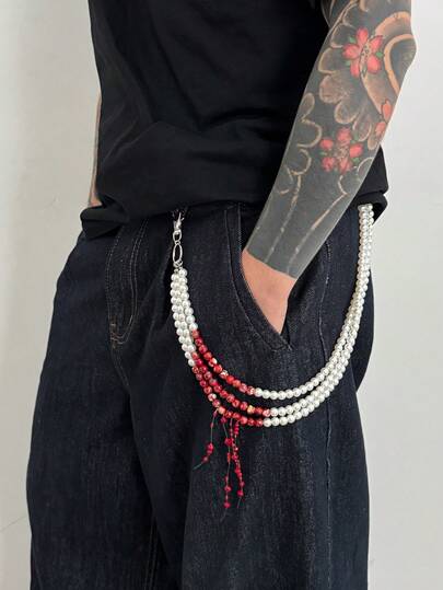 1pc Halloween Gothic Style Vintage Blood Drop Tie-Dye Faux Crystal Tassel Beads Multi-Layer Faux Pearl Strands Charm Metal Faux Jewelry Pants Chain Hip-Hop Design Dark Personalized Street Style Halloween Party Daily Holiday Versatile Fashion Men's Pants Chain Gift