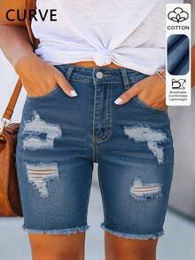 Plus Size Tight-Fitting Bodycon Ultra Short Denim Hot Pants, Sexy Casual Versatile For Summer - Medium Wash - View 1
