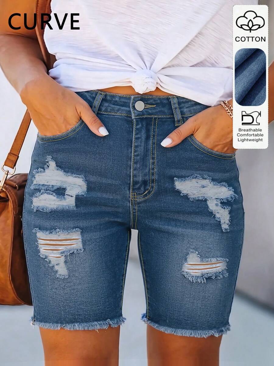 Plus Size Tight-Fitting Bodycon Ultra Short Denim Hot Pants, Sexy Casual Versatile For Summer - Medium Wash - View 1