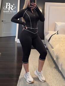 BADDIE REALM 女款 2 件式修身彈性套裝，對比滾邊細節，七分褲，日常運動休閒套裝 - 黑色 - 查看 2