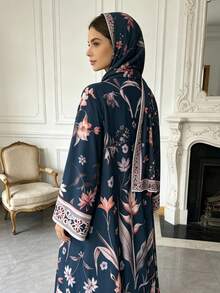 Abaya Terbuka Motif Bunga dengan Hijab Senada, Jubah Maxi Wanita Lengan Panjang dengan Hiasan Geometris Kontras - MultiWarna - View 22