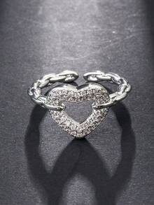 1pc Fashion Cubic Zirconia Heart Ring For Women, Gold And Silver Dual Color Optional, Open Adjustable Band, Suitable For Daily Wear, Evening Party And Banquet - Heart Ring - View 7