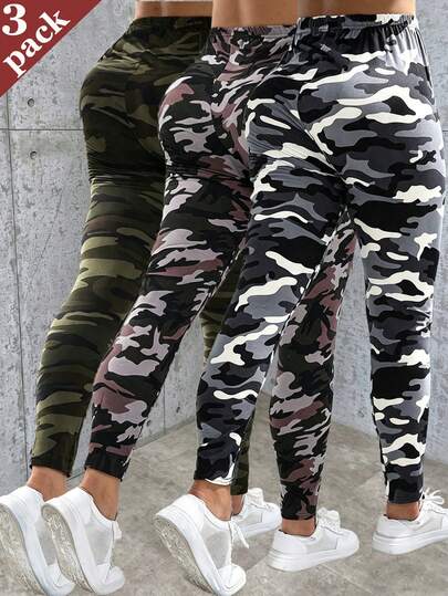 3 Packs Spring Summer All Season European & American Women's Fashion Casual Camouflage Pattern High Elasticity Tight Leggings For Fitness Training, Home Wear, Butt Lifting, Stretching, Shaping, Yoga, Outdoor Walking, Travel, Vacation, 9/10 Length