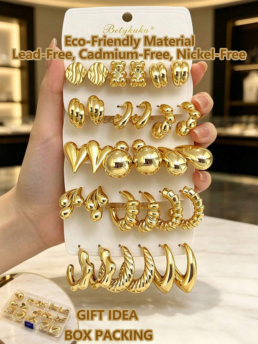Betykuku 6/9/12/15 Pairs Gold European & American Fashion Stud Earrings Set For Women & Girls, Daily Casual Party Jewelry Gift