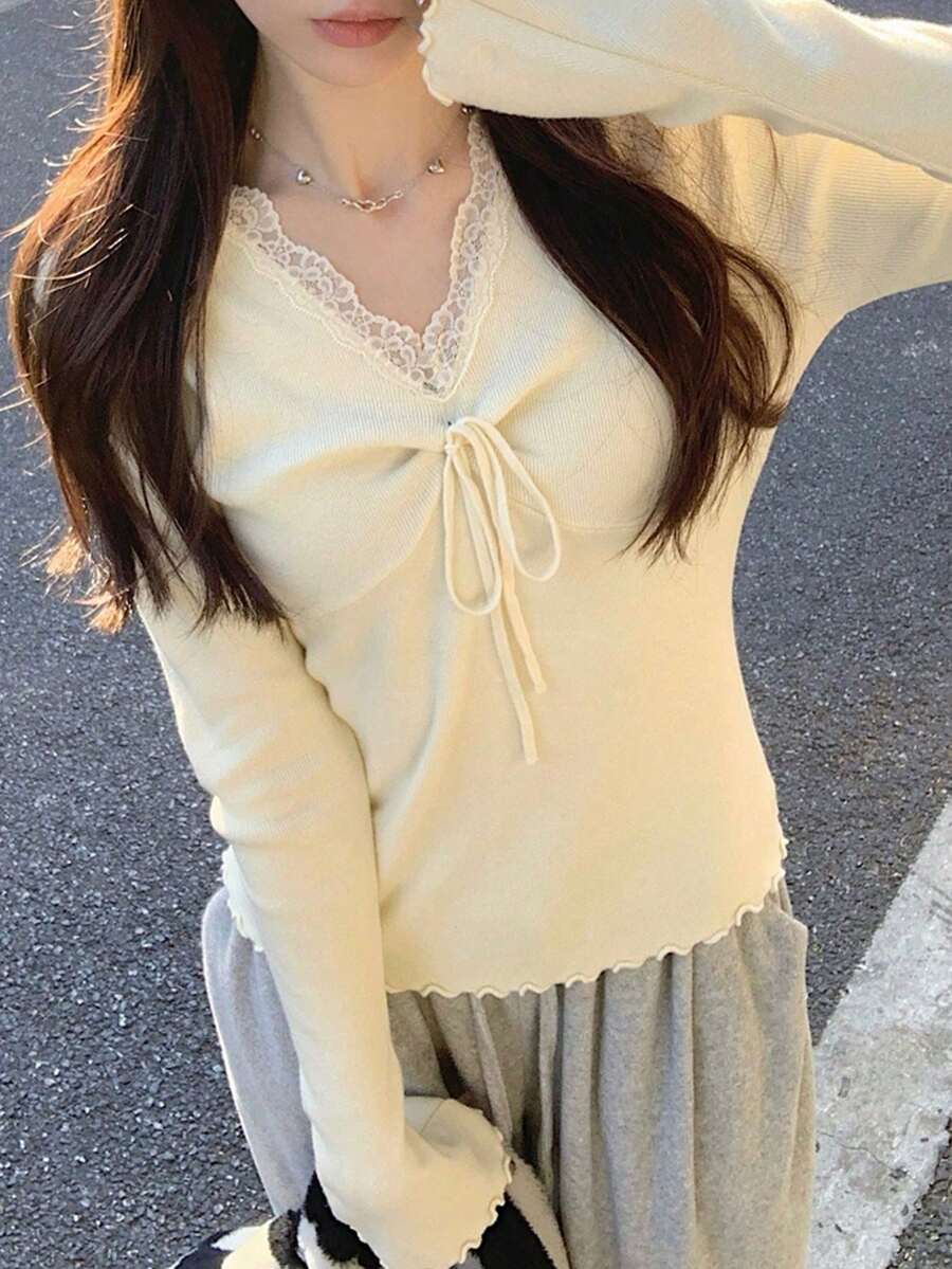 Sweater Pullover Rajut Bergaris Leher V Wanita, Lengan Lonceng Panjang Berkerut, Atasan Pas Badan Elastis Tinggi untuk Musim Gugur - Aprikot - View 1
