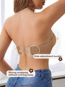 Women's Strapless Push-Up Bra, Comfortable Breathable Detachable Transparent Straps Bra, With Underwire Support And Cute Bow Decor - Coffee Brown - View 4