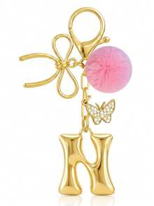 Cute Minimalist A-Z Initial Gold Keychain With Bowknot Pink Fur Ball Key Chain For Women's Bags, Daily Wear And Gift - Gold - View 31