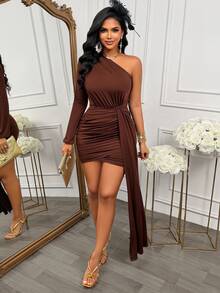 Fashion One-Shoulder Long Sleeve Fitted Dress, Asymmetric Pleated Design, Elegant And Charming Women's Party Mini Dress - Brown - View 7