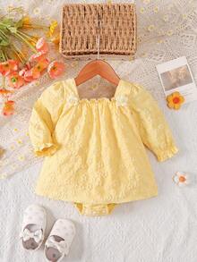 Baby Girl Pale Yellow 3D Floral Dress, Square Neck Puff Long Sleeve With Ruffle Cuffs, Sweet Casual One-Piece Dress For Spring And Autumn - Yellow - View 2