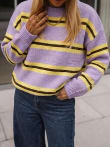 Women's Colorblock Striped Crew Neck Long Sleeve Drop Shoulder Loose Knit Pullover - Lilac Purple - View 4