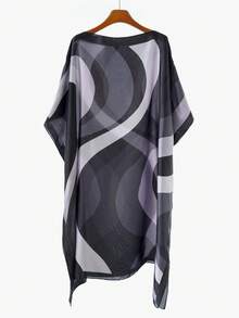 1pc Women's Elegant Minimalist Premium Geometric Wave Morandi Color Block Print Chiffon Pullover Long Robe Shirt, Summer Outdoor Casual Travel Versatile Sun Protection Cover-Up Shawl - Multicolor - View 3