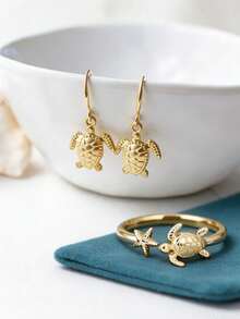 1Pc Adjustable Open Turtle Ring,Ocean Style Natural‑Look Jewelry,Daily Office Weekend Wear,Women Gift. No Box. - Gold - View 3
