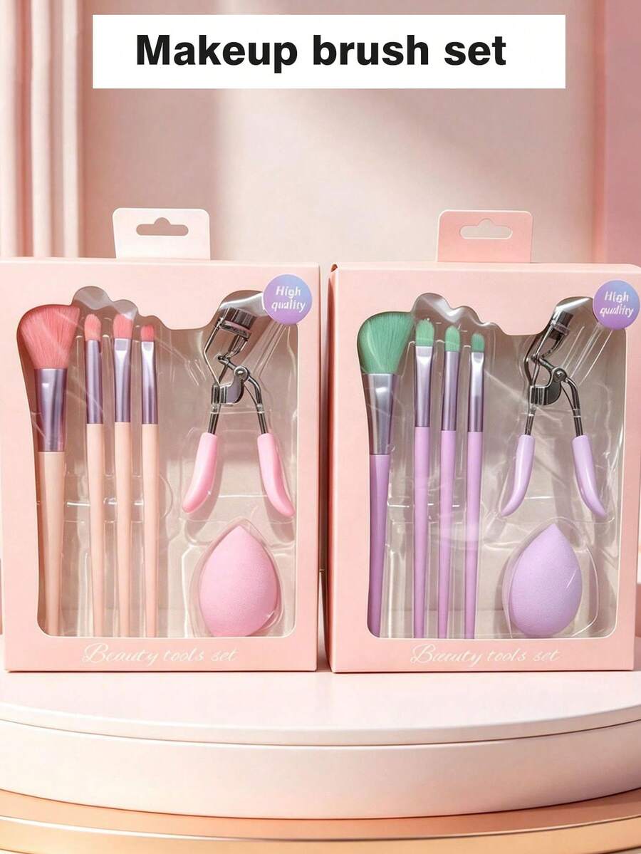 4pcs Makeup Brush Set With Eyelash Curler And Makeup Sponge, Multi-Functional Makeup Tool Set, Suitable For Foundation, Eyeshadow, Blush, Portable Makeup Gift Box, Suitable For Girls And Women - Multicolor - View 1