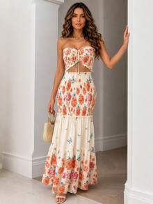 ChicMe Tropical Plant Print Maxi Tube Dress For Women, Waist Cinched Fishtail Ruffle Hem Elegant Summer Vacation Party Dress - Apricot - View 8